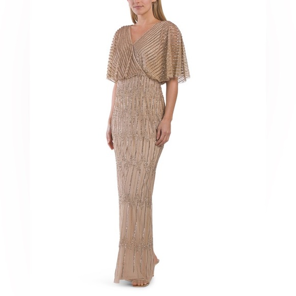 ADRIANNA PAPELL HAND BEADED SHORT SLEEVE ILLUSION GOWN CHAMPAGNE GOLD - Picture 3 of 5